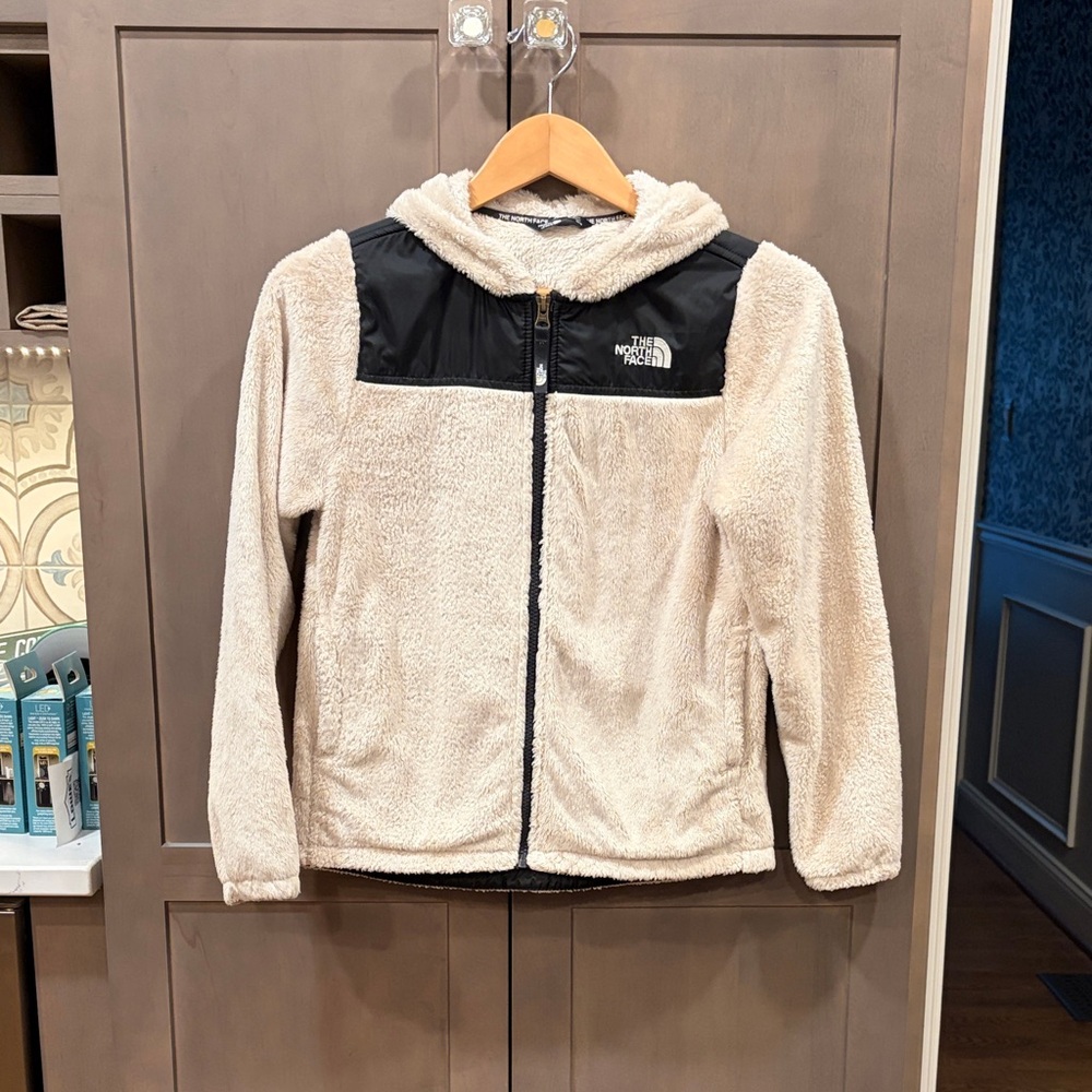 The North Face Kids Cream Sherpa Hooded Jacket with Black Yoke